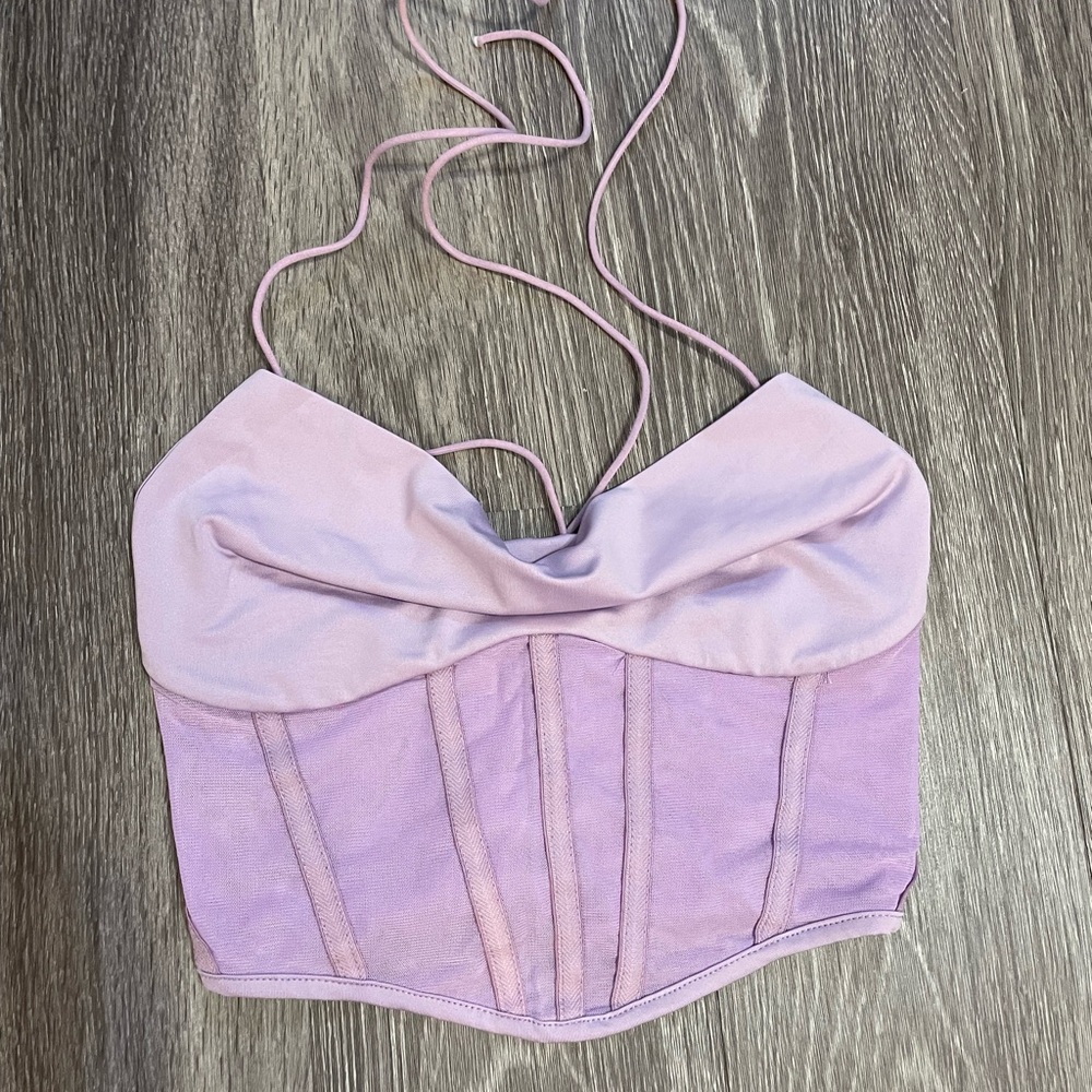 American Threads Natalia Mesh Corset Crop Top Lavender Sz S Gameday LSU TCU